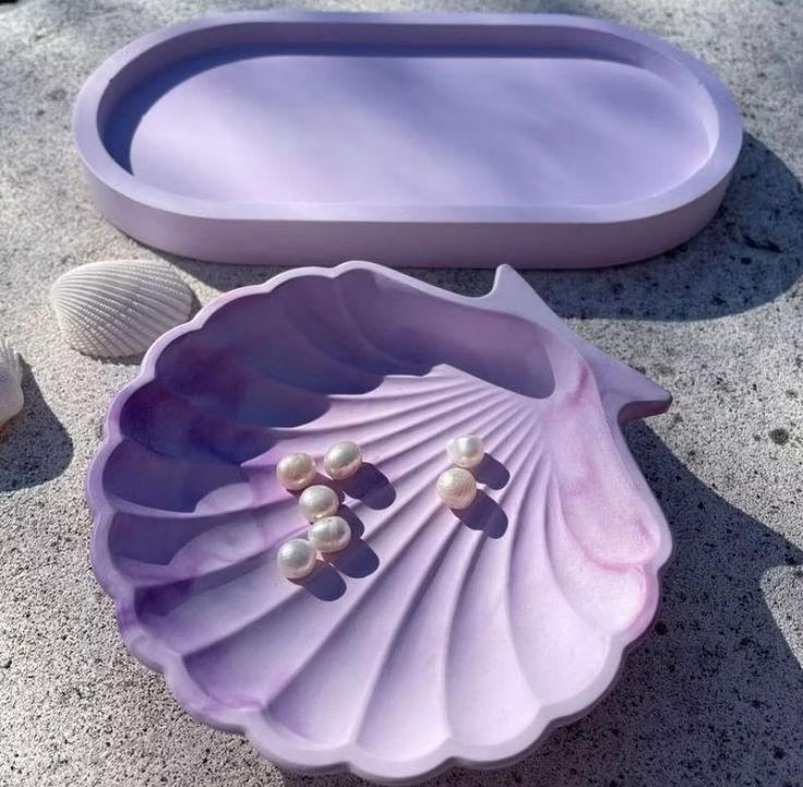 Pastel Lavender Marbled Seashell and Oval Ceramic Tray 2 Pcs Set